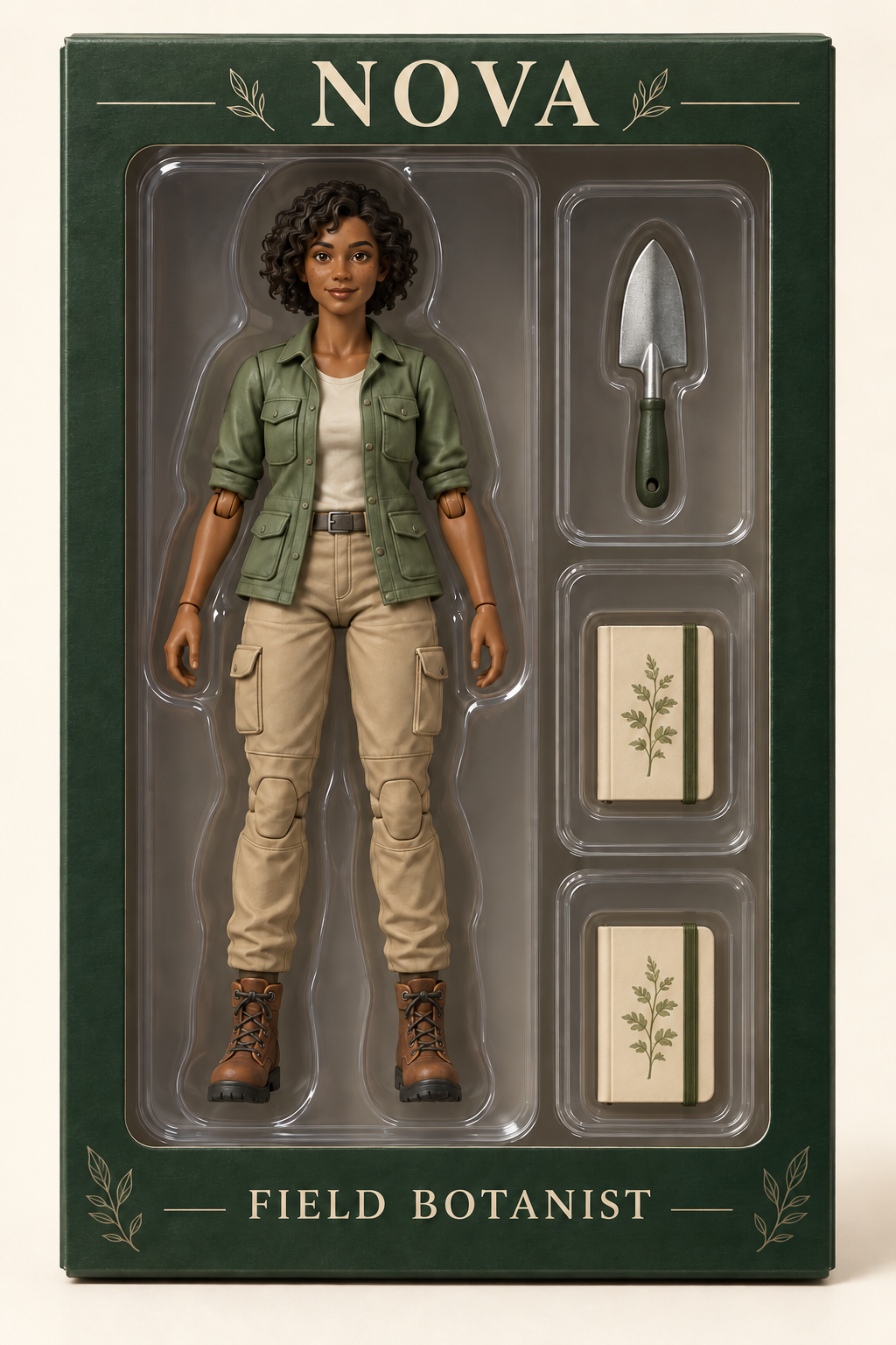 Codex-generated NOVA packaging error example with one figure on the left and three right-hand slots containing a silver trowel, a beige notebook, and a second notebook, with no specimen jar.