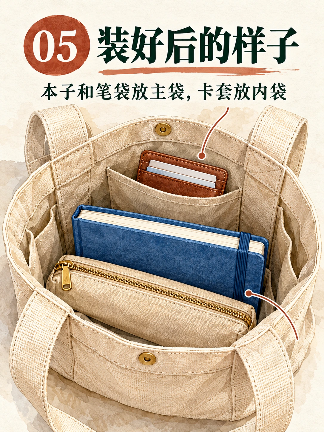 Codex-generated page 05 showing the blue notebook and closed beige pencil pouch in the tote’s main compartment, with the brown cardholder in its inner pocket. No loose pen is visible.